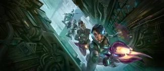 Art of four intrepid heroes descending deep into the depths of the Dyson Sphere.
