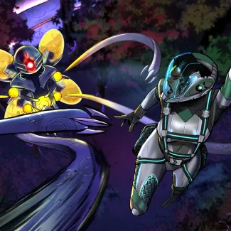 A comic book-style image of an astronaut escaping an insect-like robot.