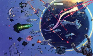 A sci-fi battle scene in space full of spaceships and troopers.