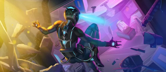 Illustration of the backside of a person in a spacesuit, floating and being pushed back surrounded by rubble, as it appears a spaceship wall has been blown open. In the distance of the room beyond is a floating capsule with a glowing pink crystal.