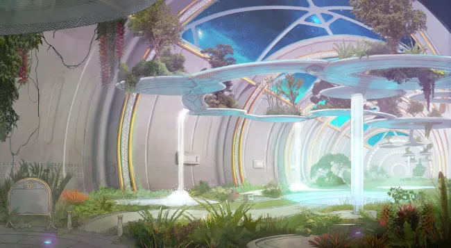 An alien arboretum, filled with plant life, waterfalls, and gorgeous architecture.