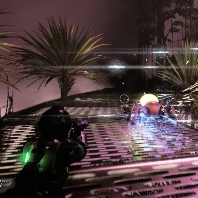 A screenshot of an early-in-development sci-fi game featuring robots, plants, and afro-futurist designs.
