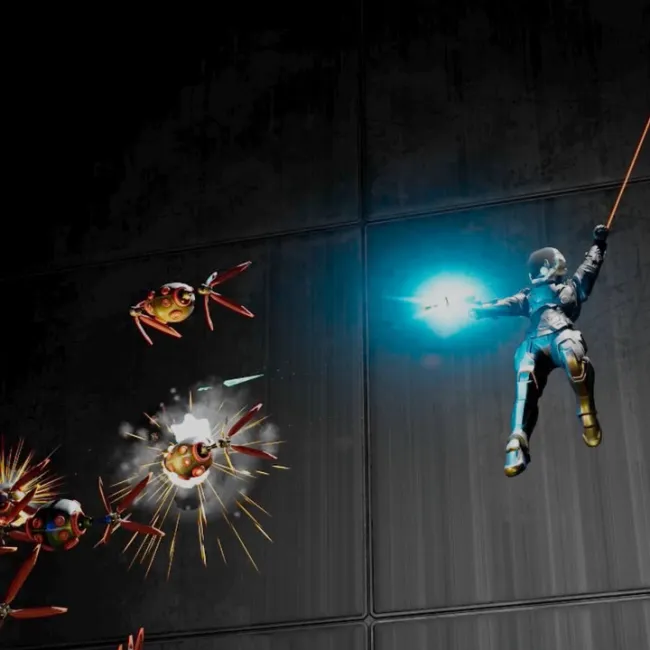 A screenshot of an Unreal Engine 5 game featuring an astronaut grappling away while shooting flying bots.